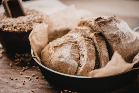 Freshly baked loaf of homemade bread placed in a cast iron skillet on a rustic wooden table...