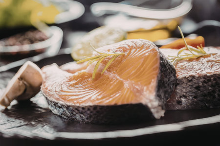 Freshly cooked salmon steaks garnished with rosemary and served with mushrooms and vegetables on a...