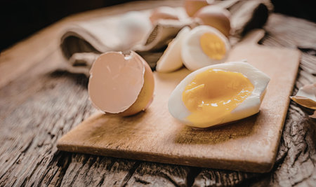 Boiled egg cut open on a wooden cutting board displaying vibrant yellow yolk and egg white in a cozy...