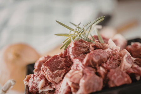 Raw diced red beef garnished with aromatic rosemary sits ready for a hearty slow cooked stew or...