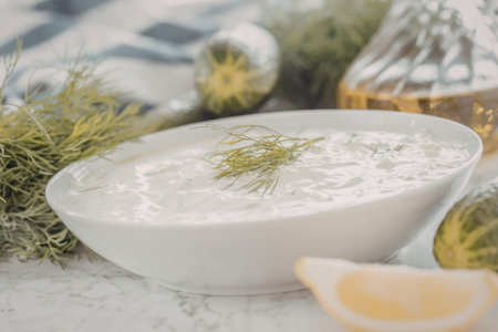 Freshly prepared tzatziki sauce garnished with fresh dill served in a white bowl on a marble...