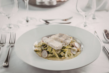 Gourmet fish served on a bed of mixed greens and radish slices on a white plate in an elegant...