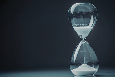 Hourglass with white sand slowly flowing from the top bulb to the bottom bulb symbolizing the...