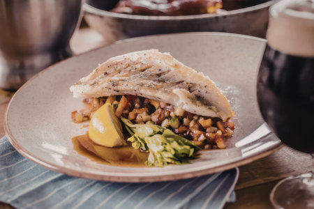 Pan seared white fish fillet rests on a bed of finely diced vegetables accompanied by a lemon wedge...