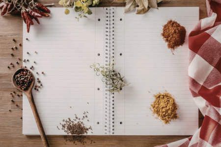 Open cookbook lies on a wooden table surrounded by scattered spices, herbs, and a red checkered...