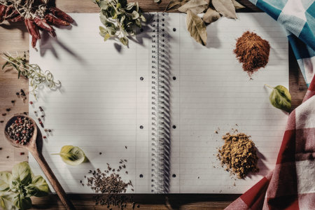 Open blank spiral bound recipe notebook rests on a rustic wooden table, beautifully arranged with a colorful assortment of fresh herbs and vibrant spices for culinary creation.の写真素材