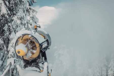 Snow cannon covered in snow actively produces artificial snow on a cold winter day at a ski resort,...
