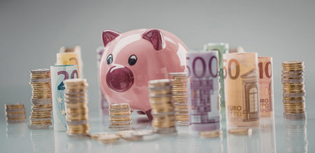 Pink piggy bank surrounded by stacks of euro coins and banknotes representing savings and financial...