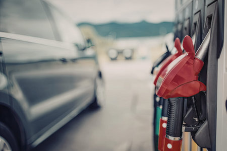 Row of bright red fuel nozzles stands ready at a modern gas station, prepared to dispense gasoline...