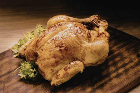 Roasted chicken beautifully presented on a wooden board garnished with fresh parsley leaves showcasing a perfectly cooked and delicious meal option.の写真素材