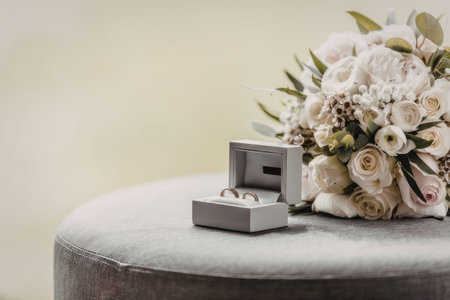 Wedding rings displayed in boxes beside a beautiful bouquet of white and pink roses on a gray...
