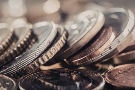 Stack of various coins including copper and silver denominations arranged closely together...