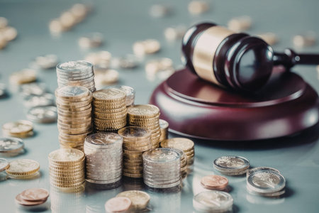 Stacks of coins including pound sterling alongside a gavel on a soundblock symbolizing financial...