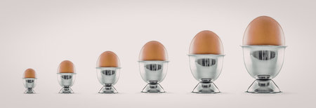 Six brown eggs of different sizes are displayed in clear glass eggcups on a white background in a...