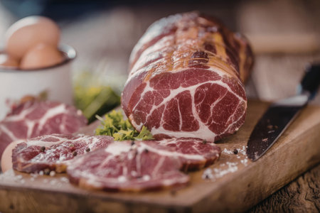 Sliced cured prosciutto ham with spices and herbs on a wooden cutting board accompanied by a knife.