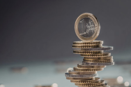 Stack of euro coins balanced precariously on top of each other forming a tall unstable column of...