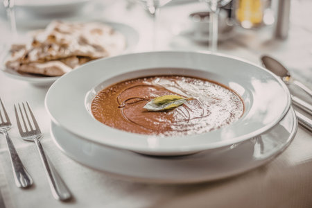 Tomato soup served in a white bowl garnished with basil on a dining table with cutlery and bread...