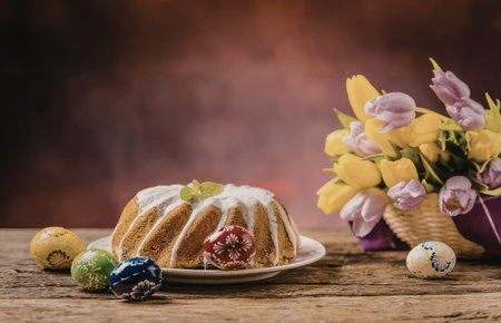 Homemade Easter bundt cake with white icing and mint leaf is beautifully displayed with colorful...