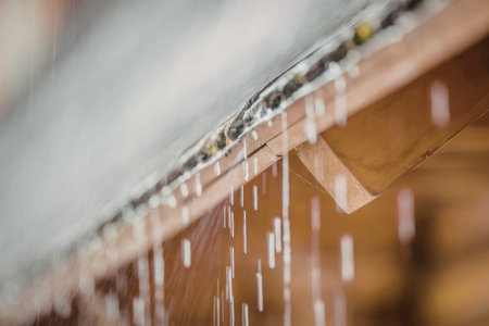 Water flows down from the gutter of a wooden house during heavy rainfall on a rainy day outside...