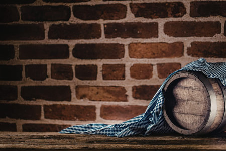 Old wooden barrel with a blue checkered cloth draped over it resting on a wooden table against a...