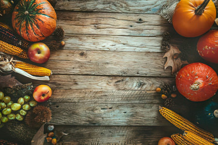 a rustic wooden table with a variety of autumnal fruits and vegetables arranged around the edges, including pumpkins, apples, corn on the cob, grapes, and squash. the table has a worn, weathered look with visible wood grain and knots. the arrangement of the produce creates a cozy and inviting atmosphere, perfect for a fall or thanksgiving setting.