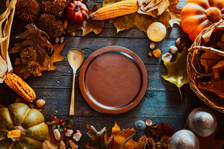 a brown plate with a gold spoon on a wooden table surrounded by fall decorations including pumpkins, corn, and leaves