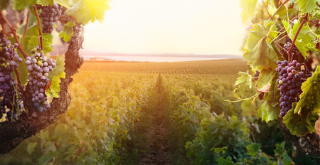 a serene vineyard landscape at sunset with lush greenery and ripe purple grapes hanging from the vines on either side of the frame, set against a backdrop of a golden sky and distant fields