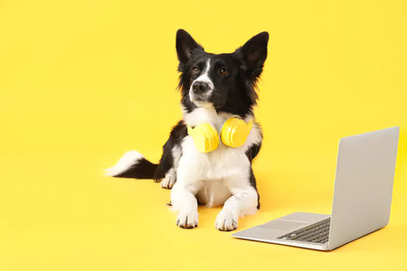A playful dog sitting next to a laptop with yellow headphones on a bright yellow background.