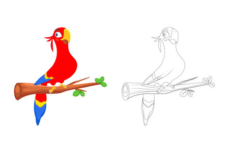 Cartoon parrot on a branch coloring book. Cartoon animal. Clipart for nursery poster, t-shirt print, kids apparel, greeting card, label, or sticker.のイラスト素材
