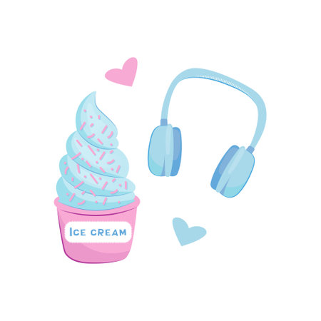 Cup of ice cream with headphones. Vector illustration in flat styleのイラスト素材