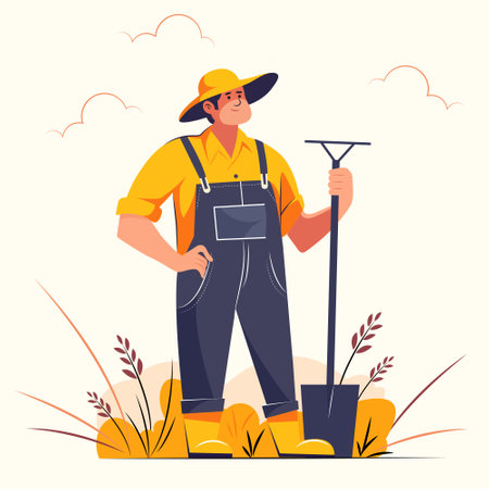 Farmer with a shovel. Flat style vector illustration. Cartoon characterのイラスト素材