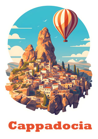 Cappadocia travel poster with ancient city and hot air balloon in sky vector illustrationの写真素材