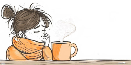 Illustration of a young woman having a hot drink in the morningの素材