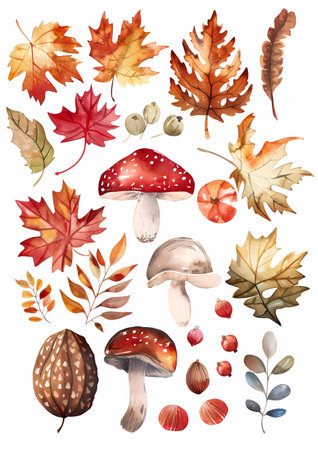Watercolor autumn set with mushrooms, leaves, berries and acornsの素材