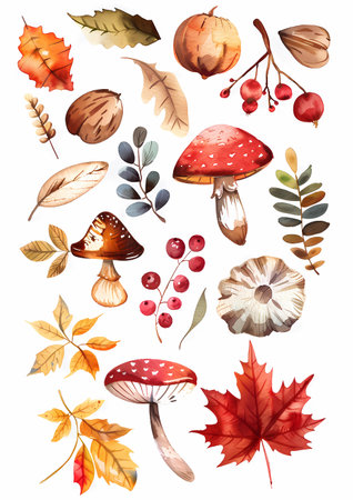 Autumn leaves, mushrooms, berries and berries. Watercolor hand drawn illustrationの素材