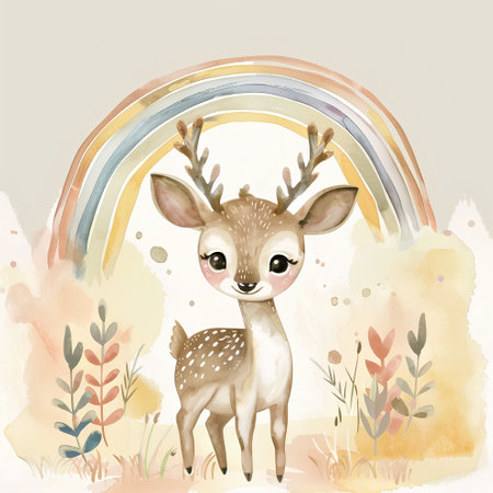 Watercolor illustration of a cute baby deer with a rainbow in the backgroundの素材