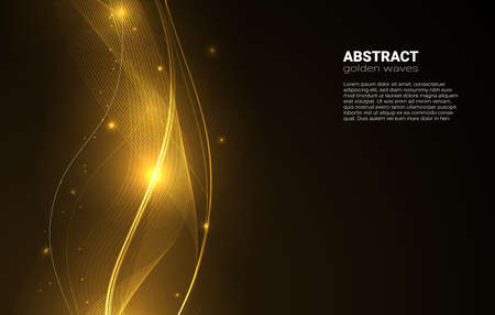 Abstract golden waves on a dark background with bright golden glow and sparks. Luxury template with sparkling vertical lines and glitter. Vector.のイラスト素材