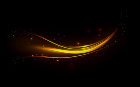 Golden glowing waves with glitter on a dark background. Shiny wavy lines with gold sequins and shine. Abstract background.のイラスト素材