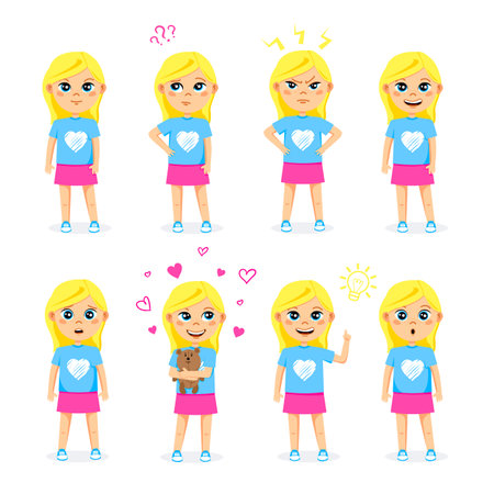 A cute kid girl with different emotions and poses. Kid expression set.のイラスト素材