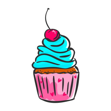 Cupcake with blue cream cap and cherry. Hand drawn doodle muffin.