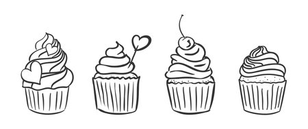 Cupcake icons set with cream, hearts and berries. Muffins with decorations in a linear style.のイラスト素材