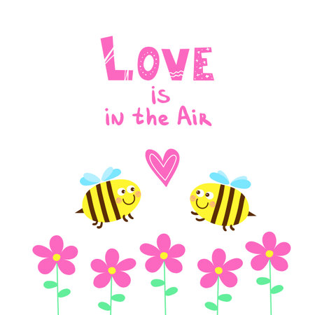 Two smiling cute bees with heart and flowers with typography love in the air. Kavai bees are in love.のイラスト素材