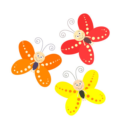 Three cute butterflies with bright wings smiling. Isolated butterflies on a white background.のイラスト素材