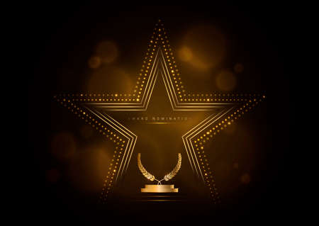 Golden glowing star with laurel wreath, award template on black background.のイラスト素材
