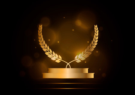 Award nomination template. Banner with podium and laurel leaves. Golden glowing scene with sparkles. Luxury background. Vector.のイラスト素材