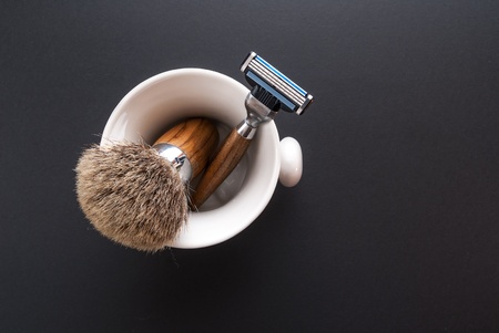 Shaving Tool on wooden Table and black Backgroundの写真素材