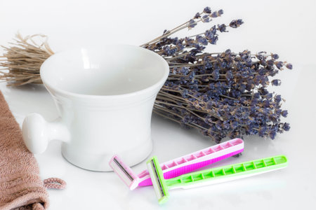 Shaving Tool with Bowl, Facecloth and Lavenderの写真素材