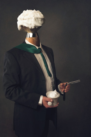 a headless Man in Suit with Razor, Brush and Shaving Bowlの写真素材