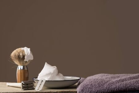 vintage wet shaving Equipment on wooden Tableの写真素材