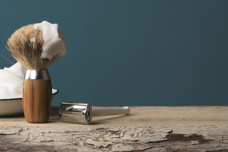 vintage wet shaving Equipment on wooden Tableの写真素材